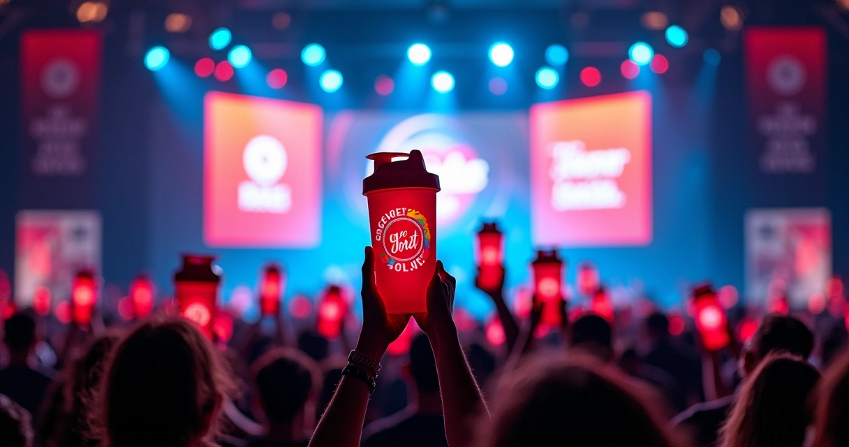 Coqueteleira personalizada exibida em telão de evento