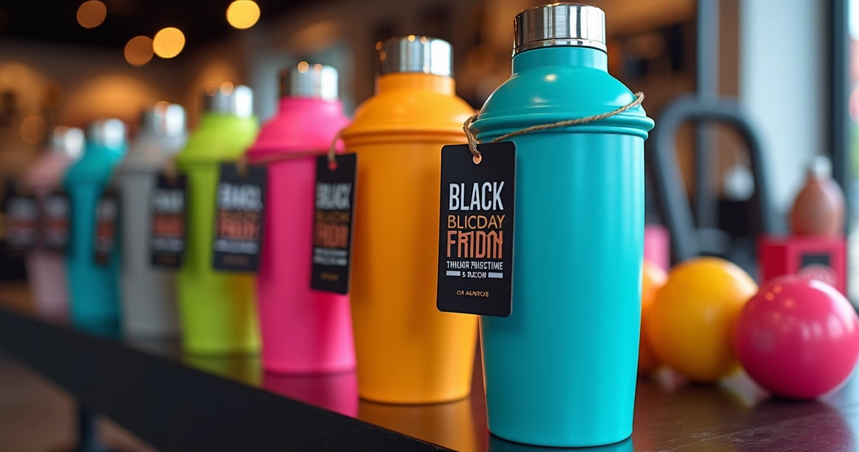 Coqueteleiras personalizadas e garrafas térmicas expostas com etiquetas de promoção Black Friday em ambiente fitness 