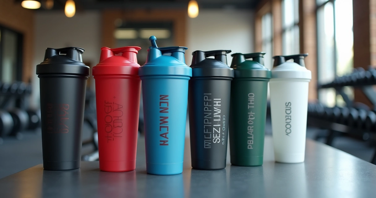 Coqueteleiras coloridas personalizadas sobre bancada de academia 