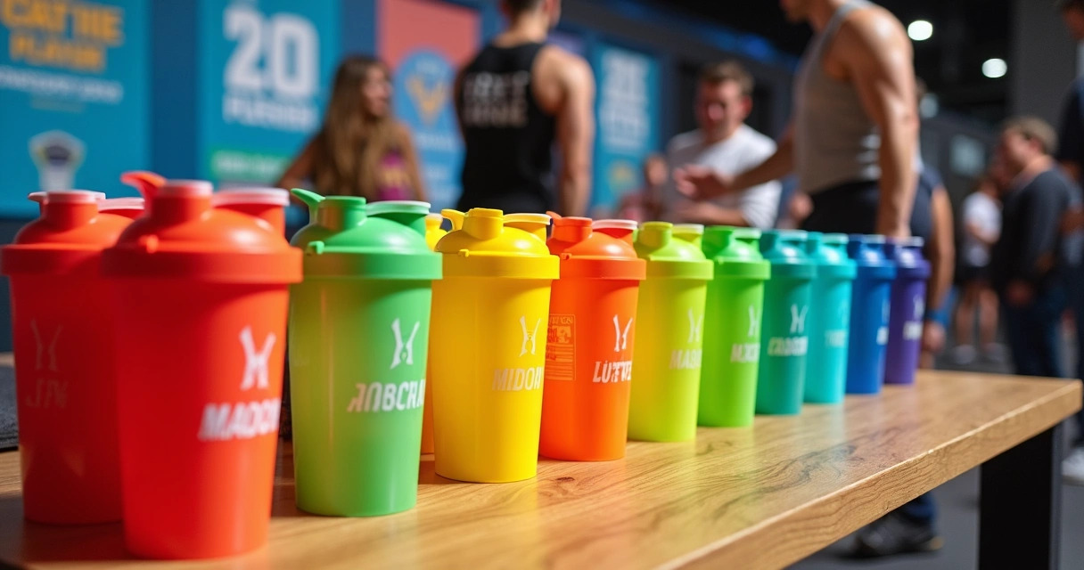 Coqueteleiras coloridas em uma mesa durante evento fitness