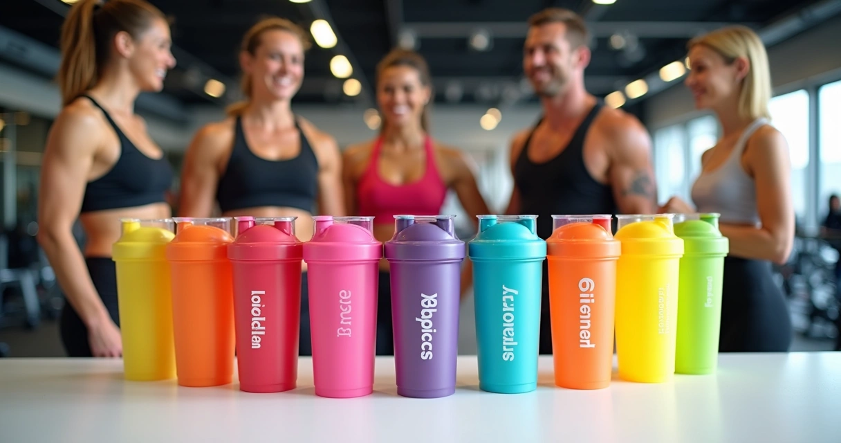 Coqueteleiras coloridas personalizadas em mesa de evento fitness 