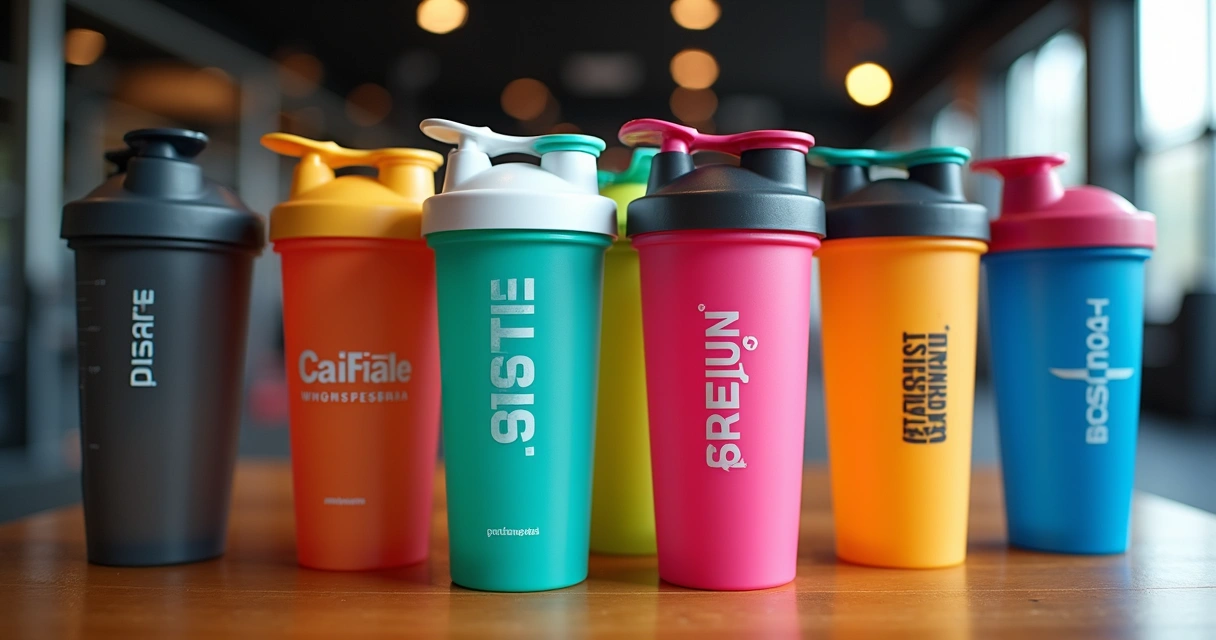 Coqueteleiras personalizadas coloridas em uma mesa