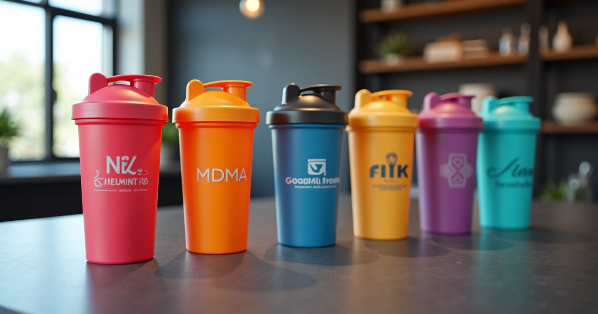 Diversas coqueteleiras coloridas com diferentes logotipos sobre uma bancada 
