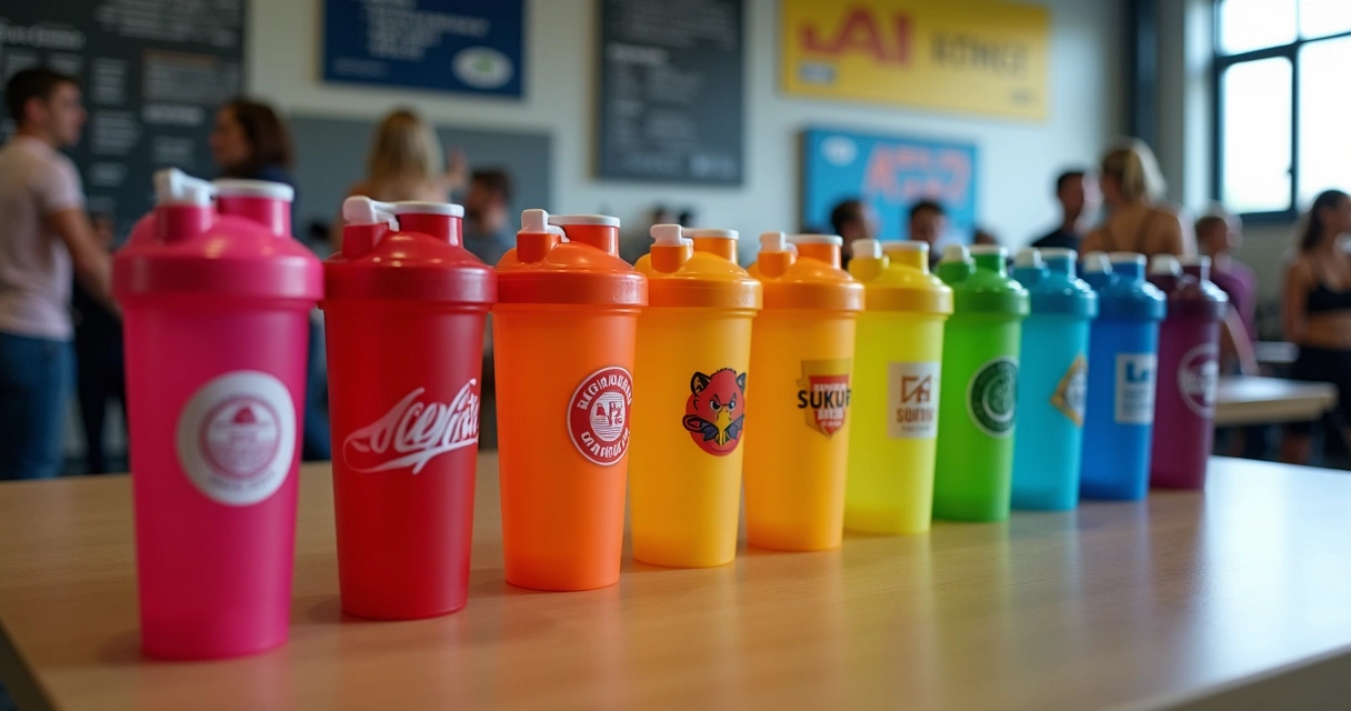 Coqueteleiras coloridas alinhadas em uma mesa, com diferentes logos e slogans de marcas conhecidas