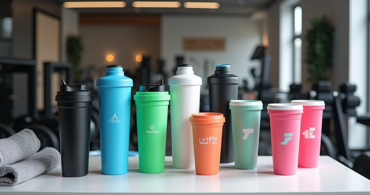 Coqueteleiras e garrafas fitness personalizadas em bancada