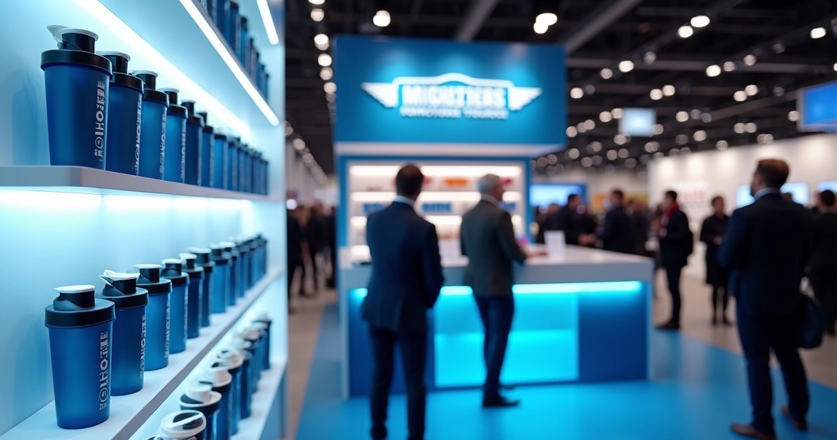 Coqueteleiras personalizadas expostas em estande de evento