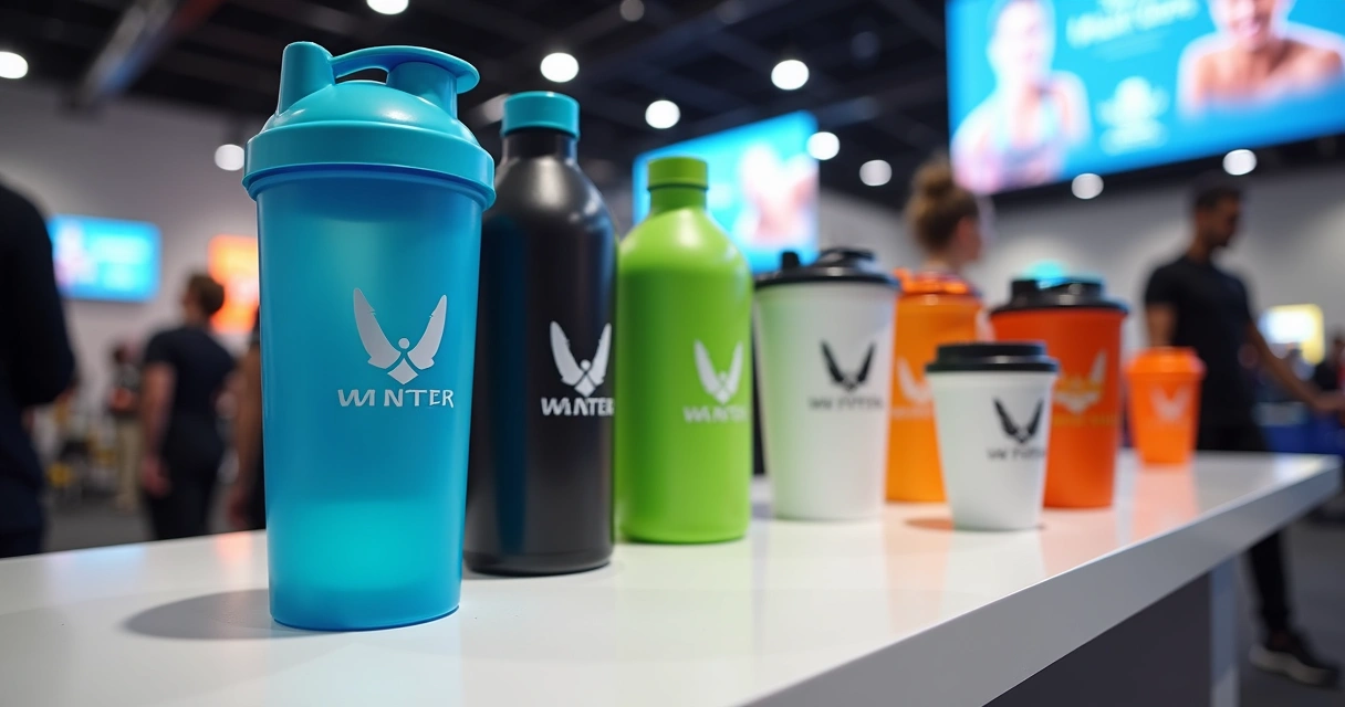Coqueteleiras e garrafas em balcão de evento fitness