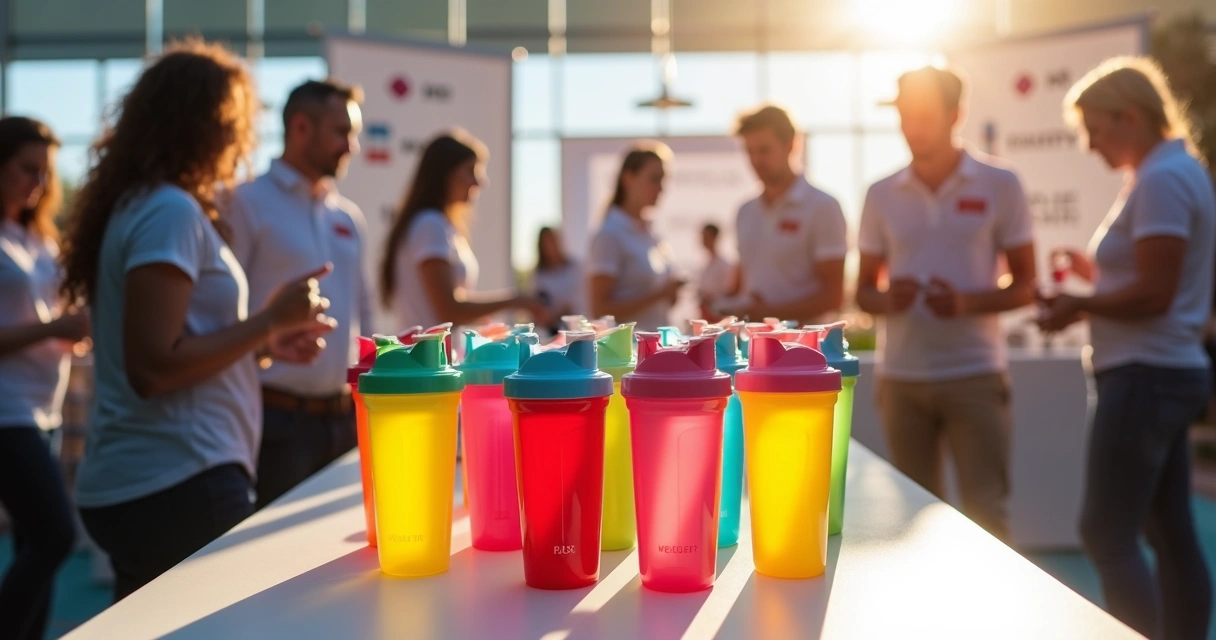 Várias coqueteleiras coloridas e pessoas interagindo em um evento corporativo 