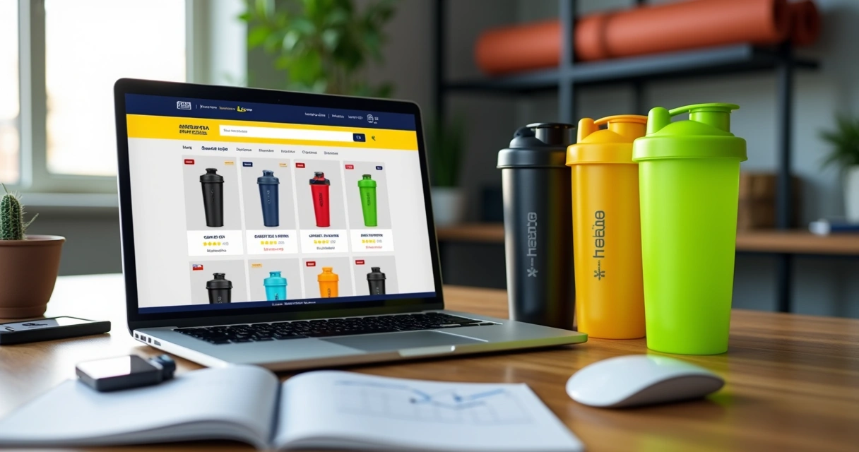 Vendedor organizando anúncio de coqueteleiras personalizadas no notebook 