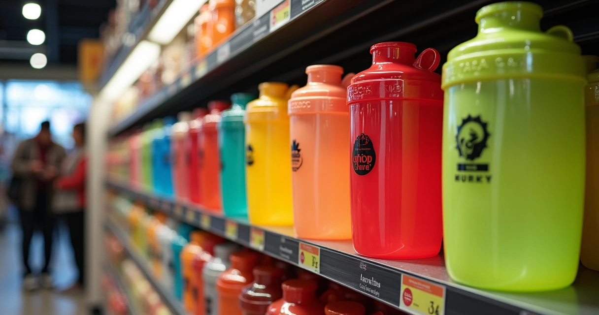Coqueteleiras personalizadas coloridas expostas em PDV de supermercado