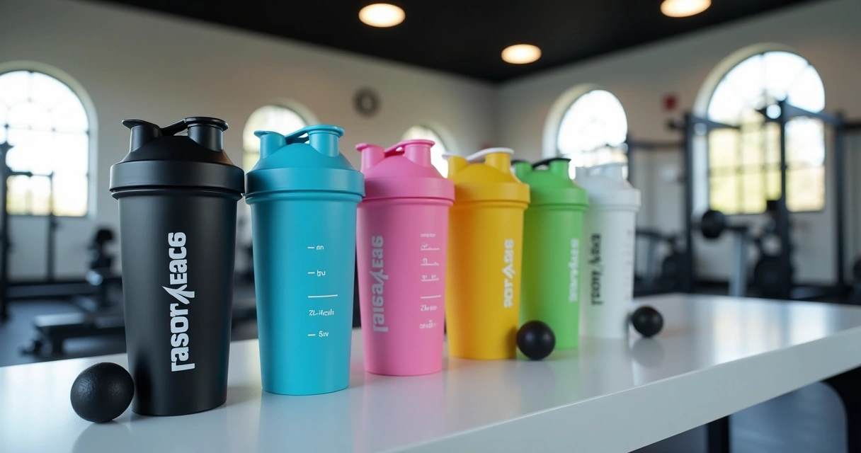 Coqueteleiras personalizadas coloridas sobre bancada de academia