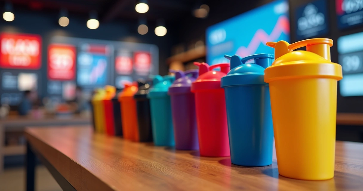 Coqueteleiras personalizadas coloridas organizadas sobre mesa com etiquetas de promoção Black Friday e ambiente de venda online e loja física ao fundo 