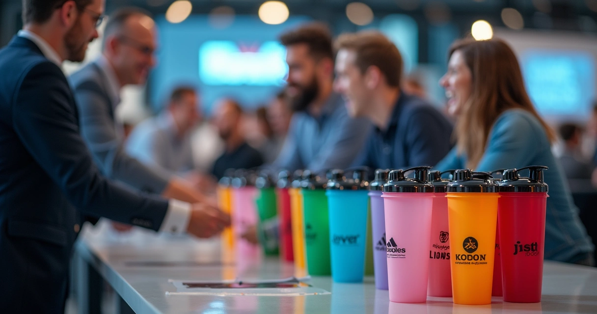 Distribuição organizada de centenas de coqueteleiras personalizadas em evento empresarial