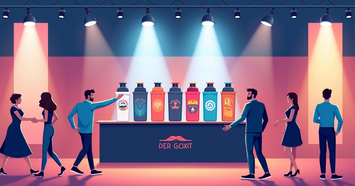 Coqueteleiras coloridas personalizadas em vitrine de evento corporativo 