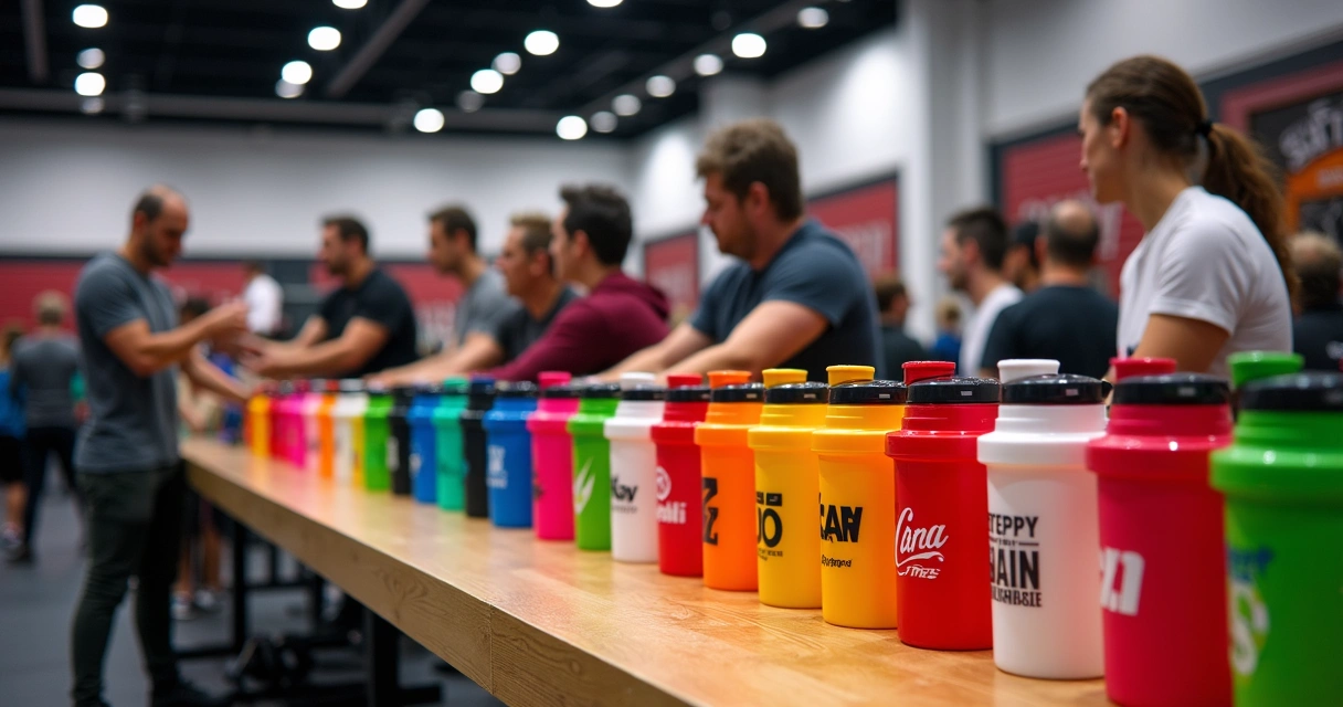 Coqueteleiras personalizadas distribuídas em um evento fitness 