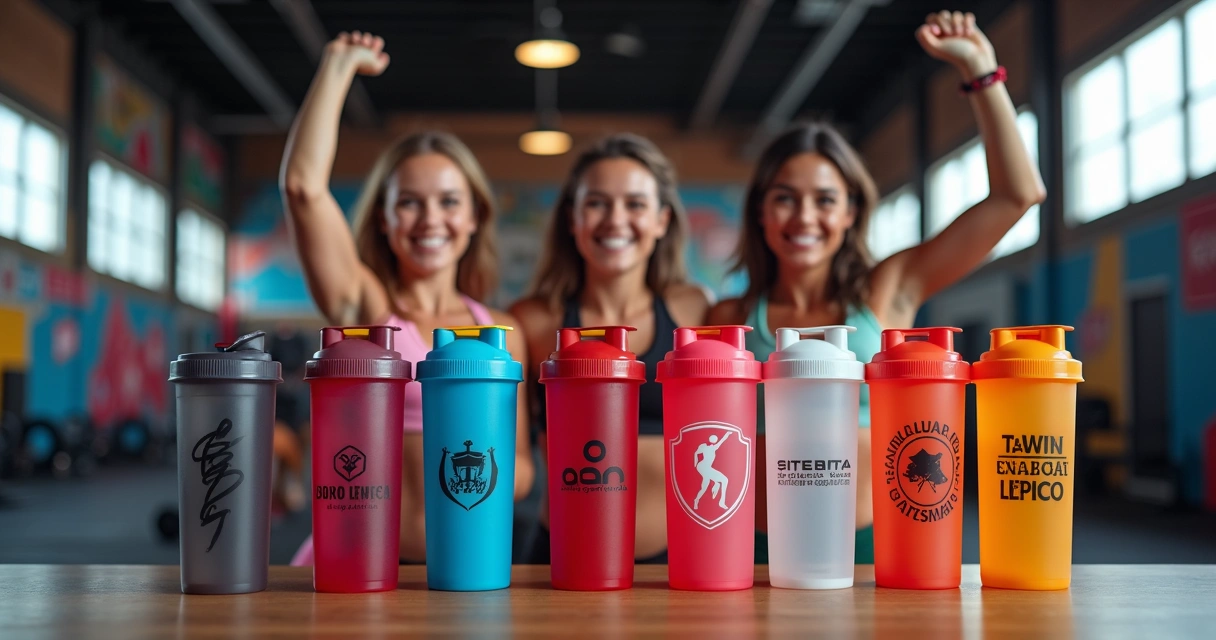 Coqueteleiras personalizadas em evento fitness, pessoas segurando garrafas com logos de marcas