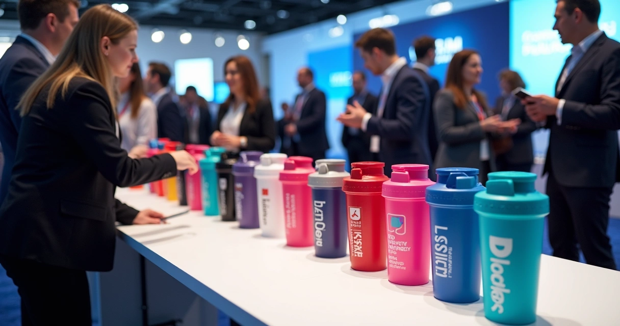 Coqueteleiras coloridas personalizadas com logotipos em uma mesa de evento corporativo 