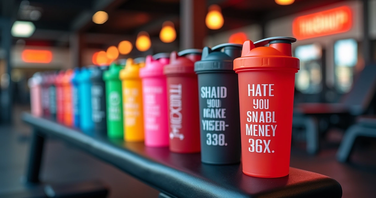 Coqueteleiras coloridas personalizadas em cima de uma bancada 