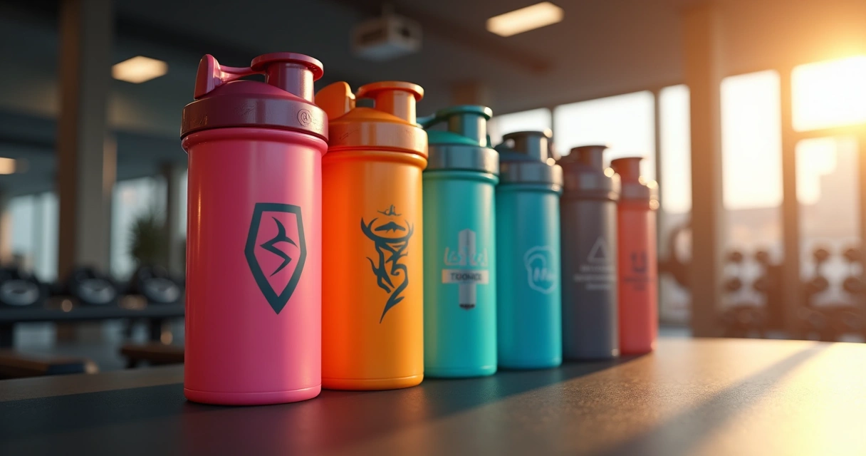 Coqueteleiras e garrafas fitness personalizadas em bancada de academia