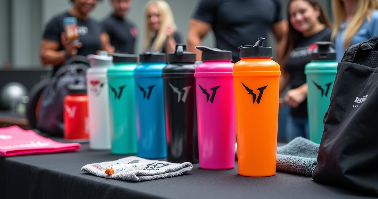 Kits de coqueteleiras personalizadas em diferentes cores e materiais sobre mesa de madeira, simulação de montagem para eventos