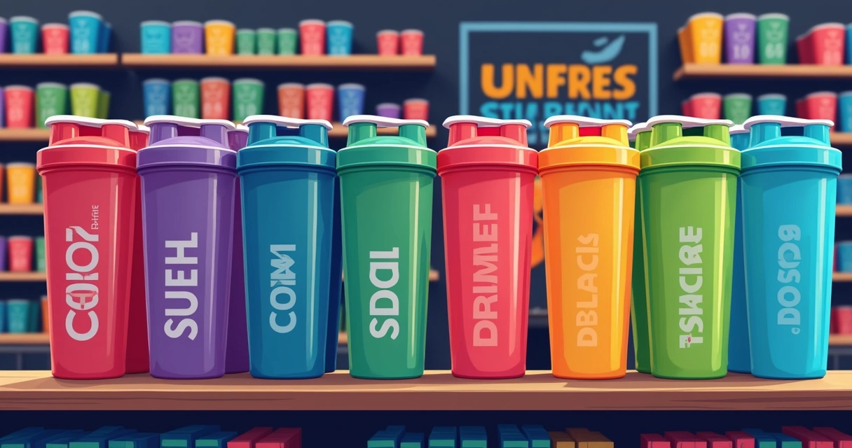 Ilustração corporativa plana de coqueteleiras coloridas personalizadas expostas em loja de suplementos para ativação de marca 
