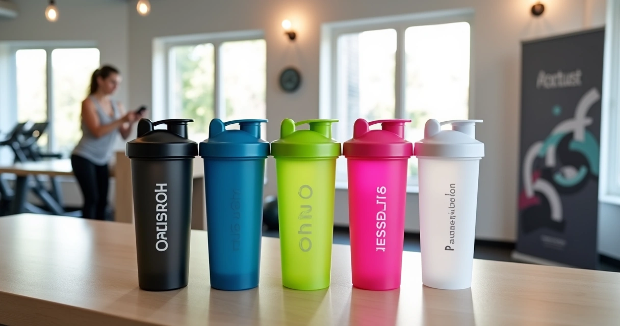 Coqueteleiras personalizadas coloridas em destaque sobre mesa em ambiente fitness corporativo 