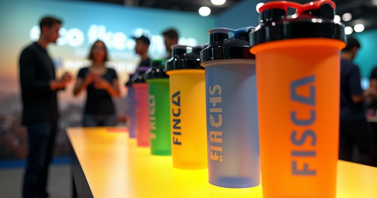 Coqueteleiras ecológicas personalizadas em exposição no evento de marketing 