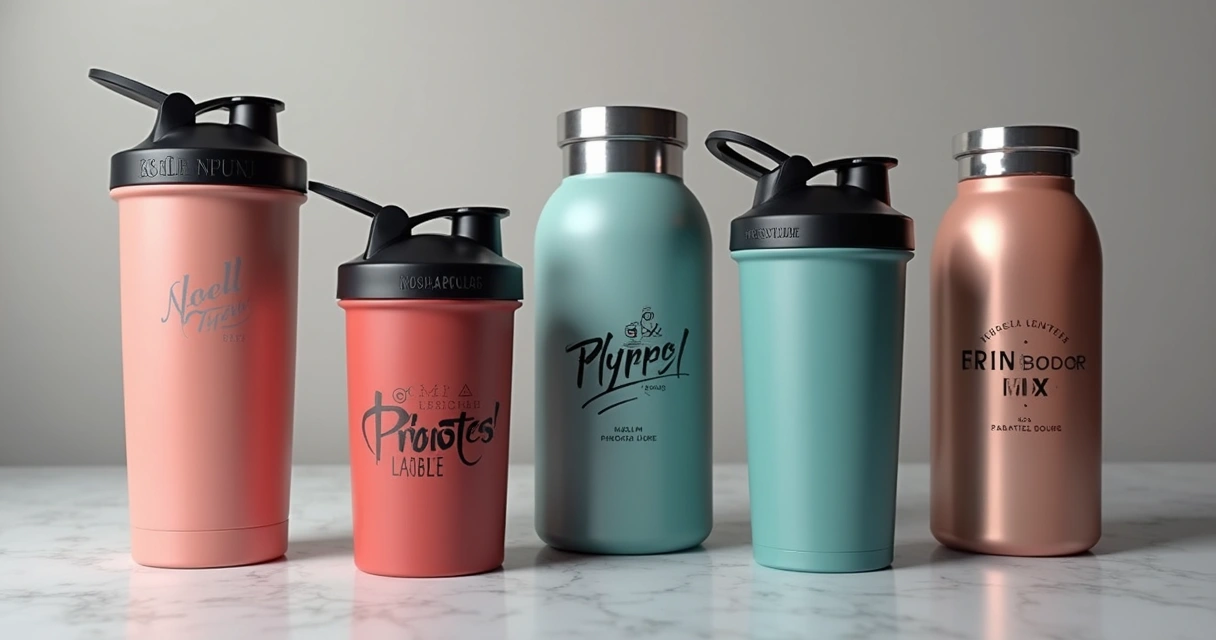 Coqueteleiras e garrafas térmicas personalizadas sobre fundo neutro 