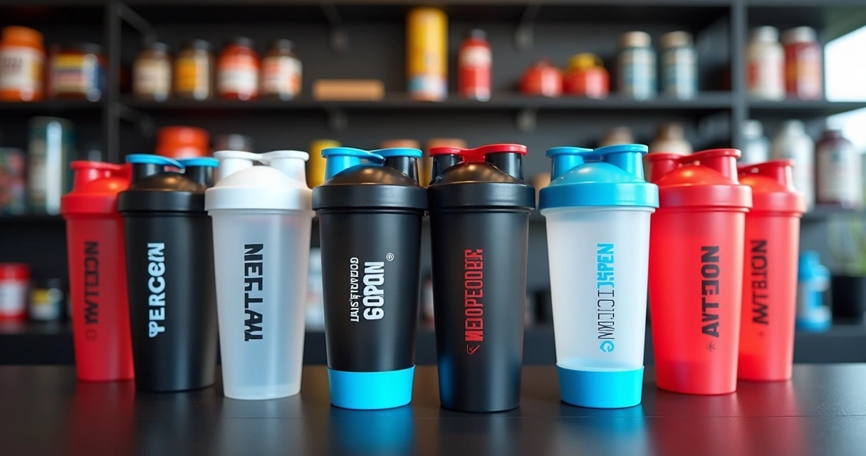 Coqueteleiras personalizadas expostas em loja fitness 