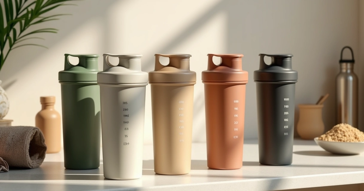 Coqueteleiras personalizadas em tons naturais sobre bancada fitness 