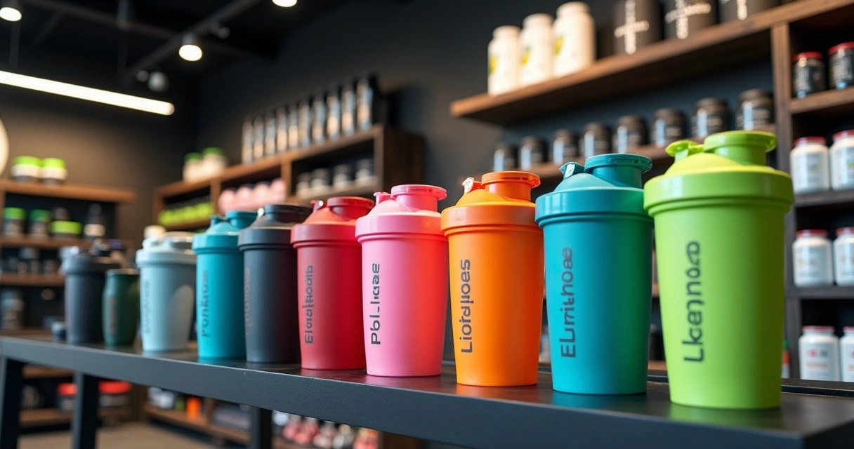 Coqueteleiras personalizadas expostas em loja fitness 