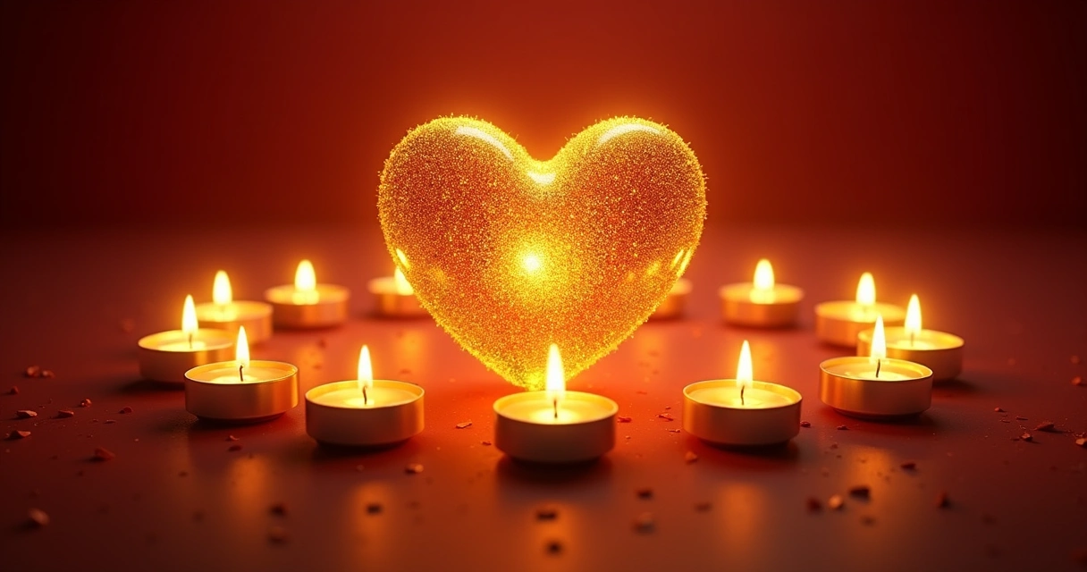 Coração dourado brilhante rodeado por velas acesas em fundo vermelho 