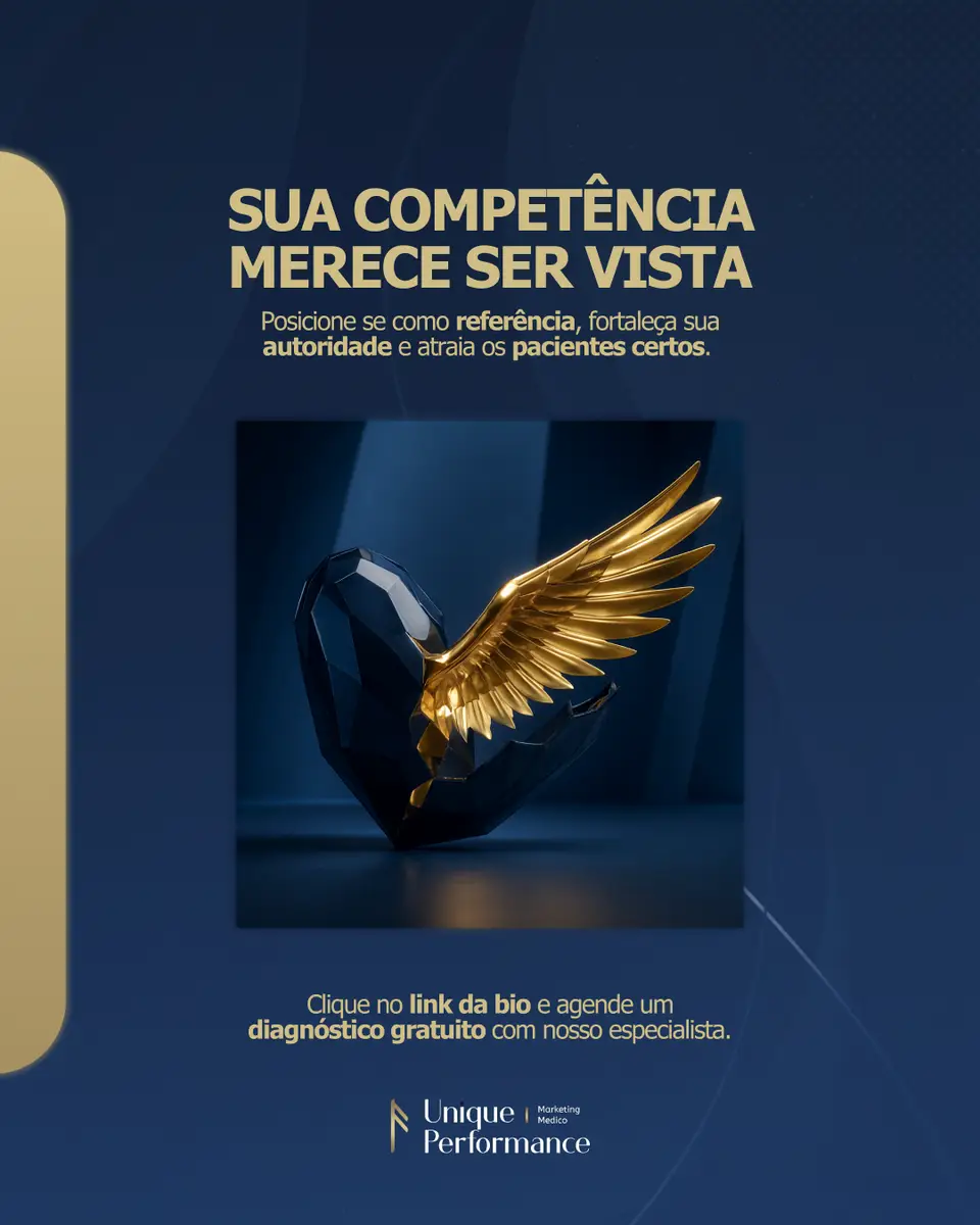 Coração preto com asa dourada em fundo azul com texto motivacional de marketing médico