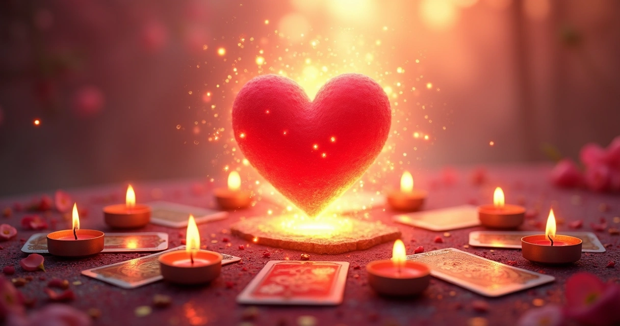 Coração vermelho cercado de luz dourada com cartas e velas ao redor 