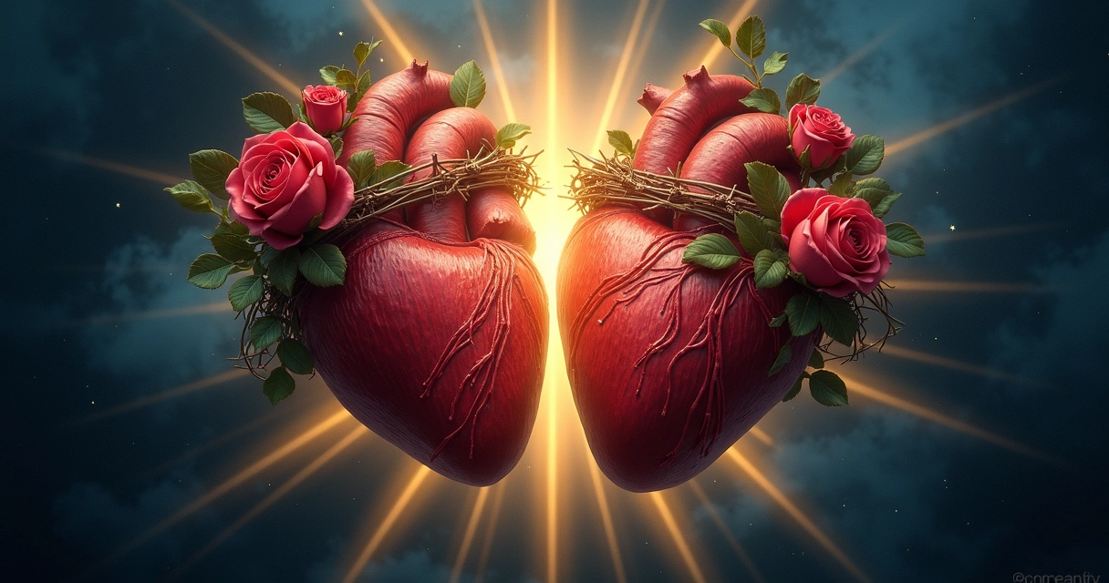 Representação artística de dois corações, um cercado de rosas e outro de espinhos 
