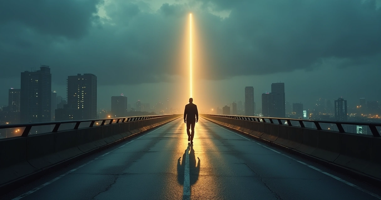 Pessoa caminhando firme em viaduto urbano deserto à noite com luz forte à frente 