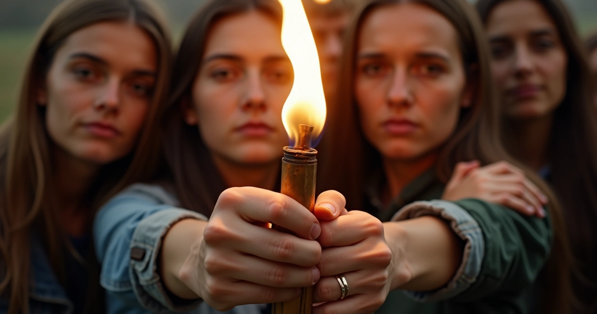 Mãos segurando uma tocha acesa, com sombras ao fundo e expressões de ousadia no rosto 