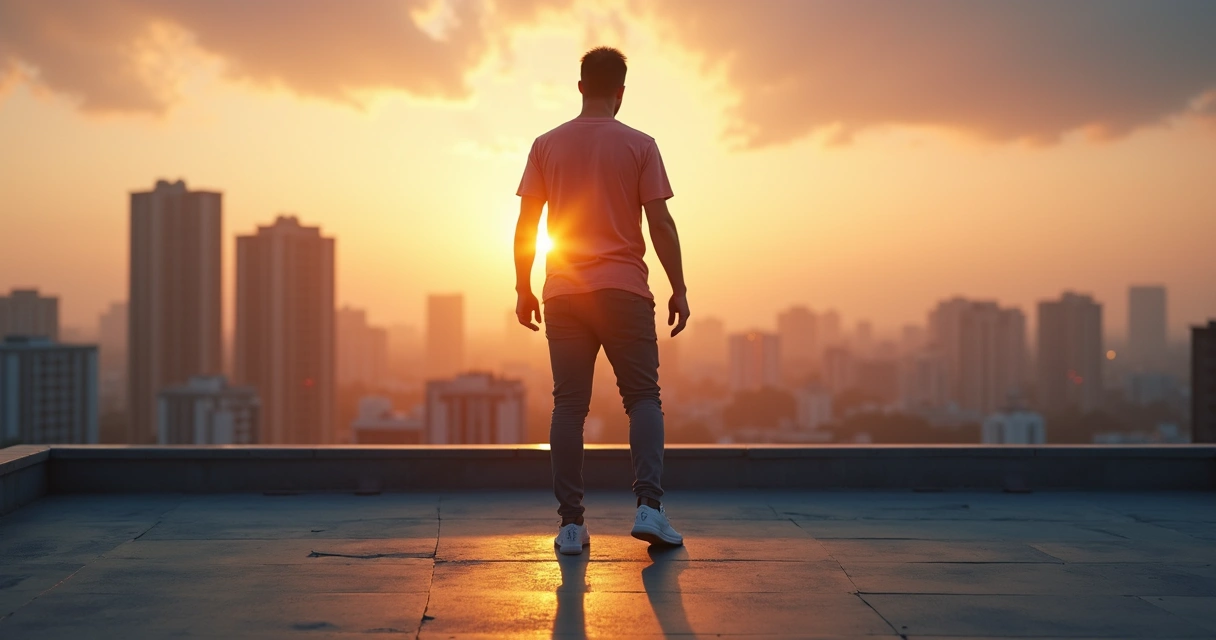 Pessoa em pé à beira de um penhasco urbano dando um passo firme em direção à luz do amanhecer 