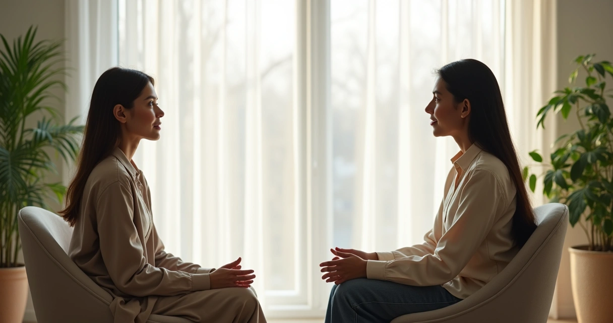 Duas pessoas sentadas frente a frente em uma sala clara, conversando de maneira franca. 