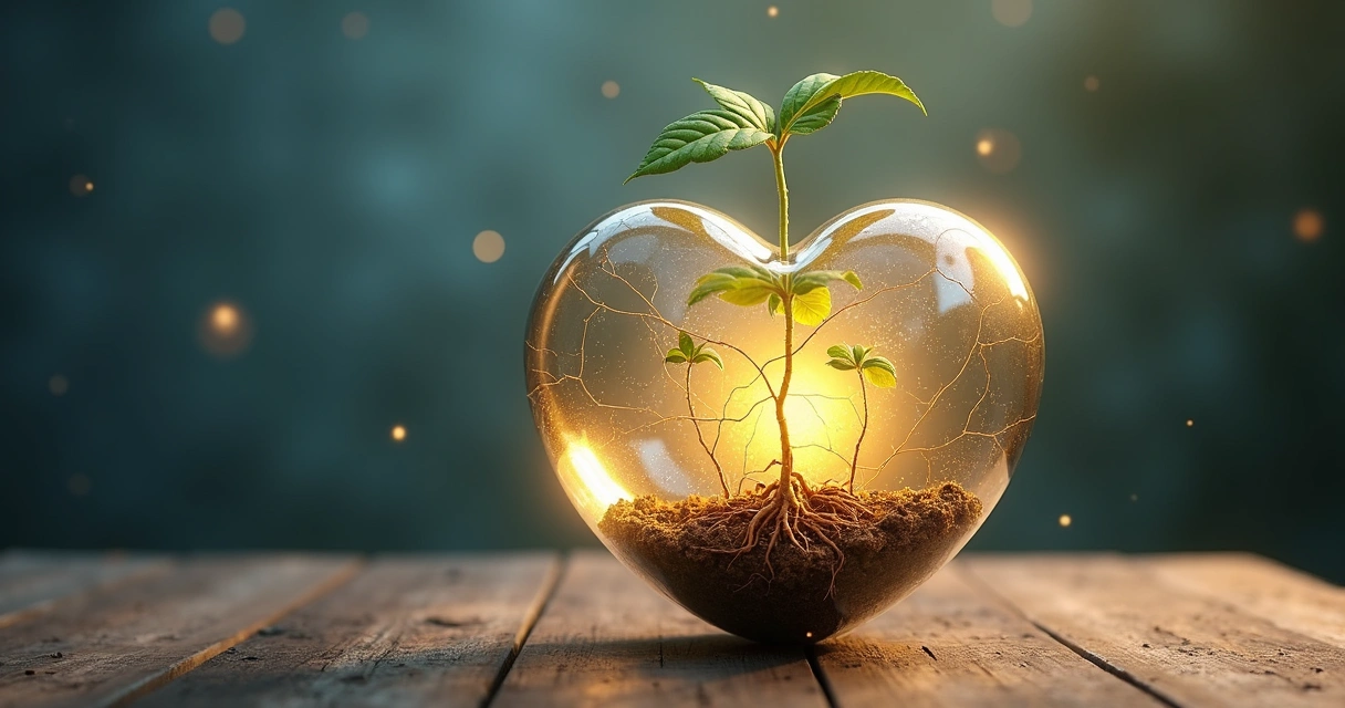 Corazón agrietado que se transforma en luz y crecimiento interior 