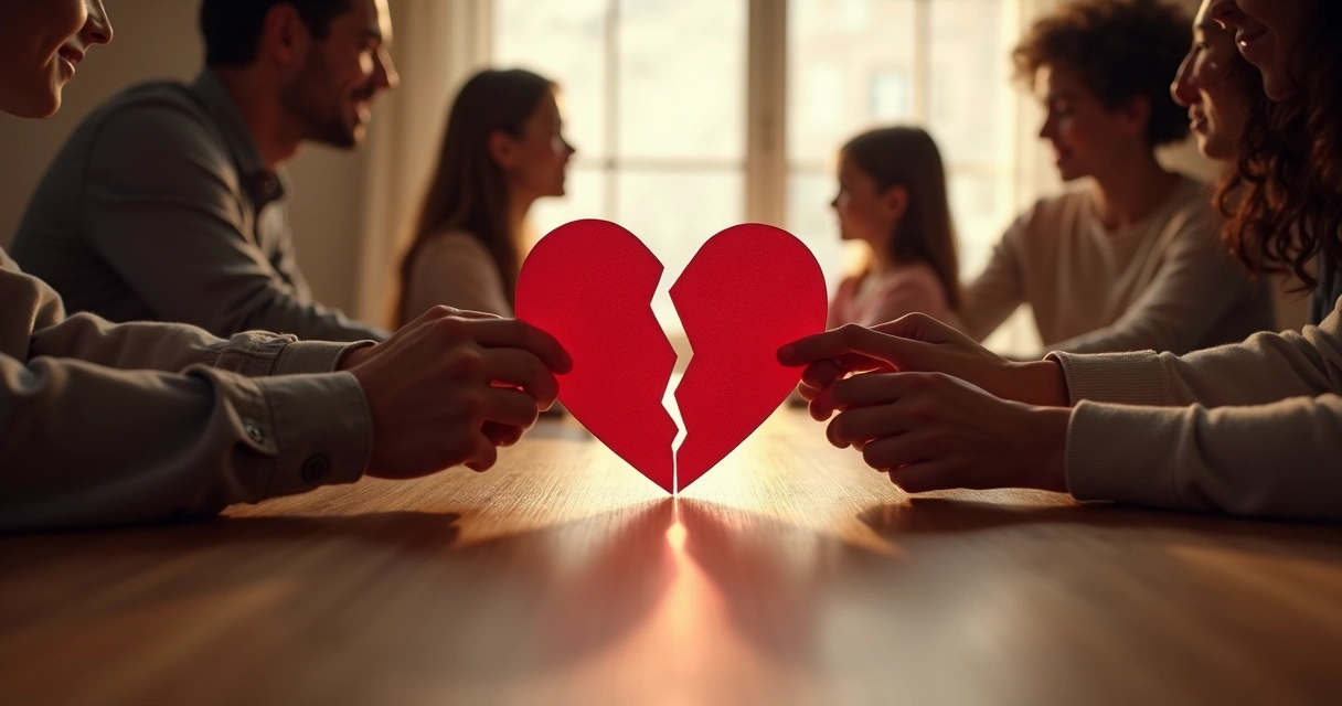 Figura de corazón partido rodeada por siluetas de familia