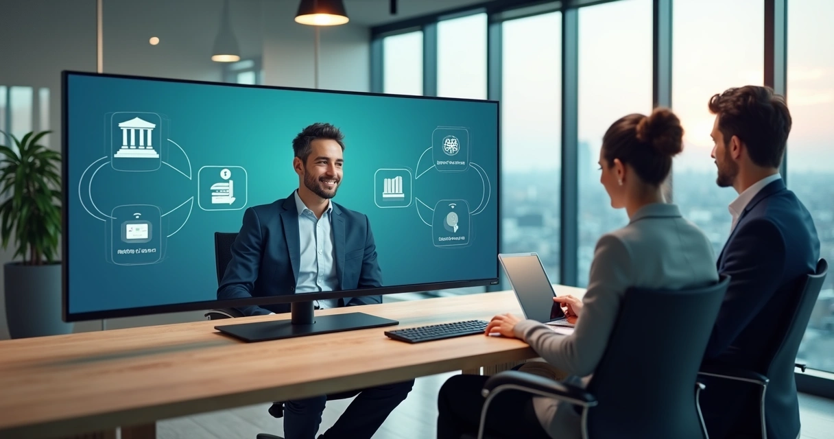 Profissional explicando soluções financeiras digitais para empreendedores em frente a tela com gráficos e ícones bancários 