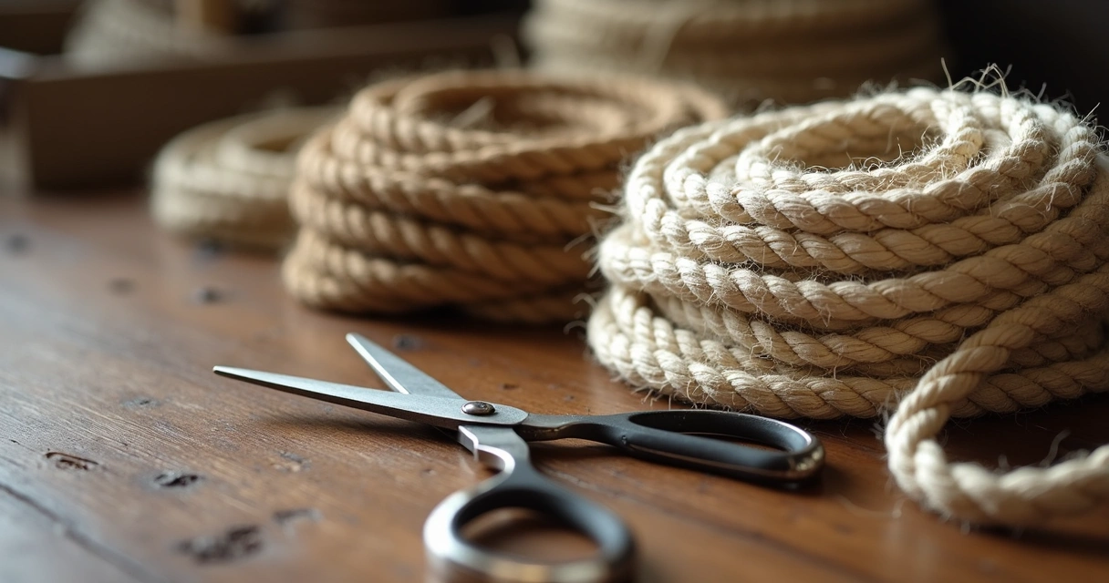 Cordas de shibari de juta e algodão dispostas sobre uma mesa 