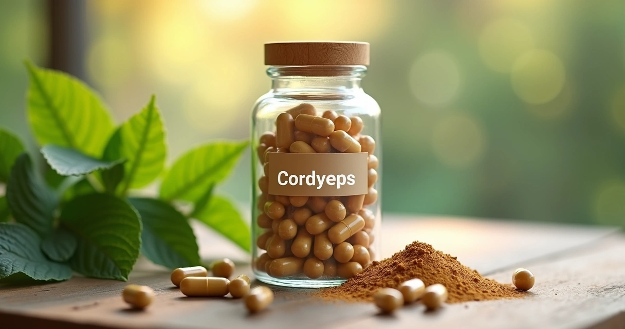 Frasco de suplemento com cápsulas de Cordyceps em mesa de madeira. 