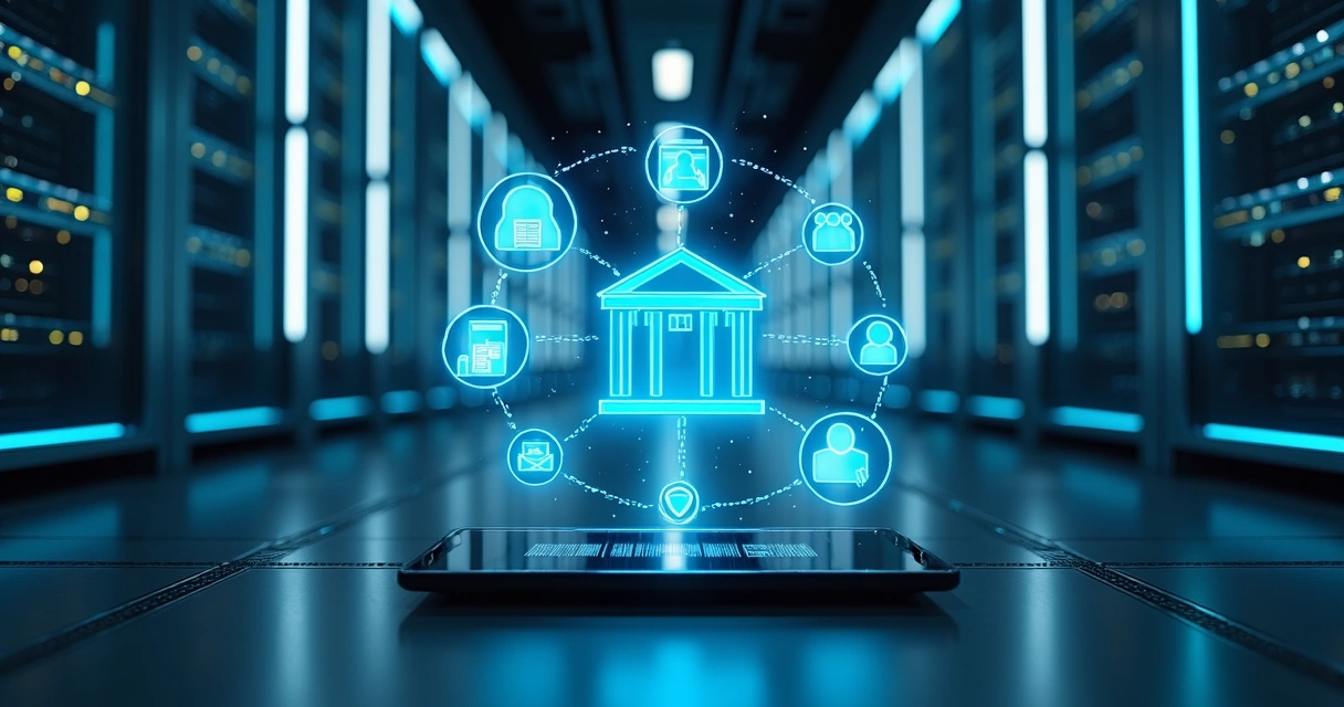 Sala de servidores modernos com interface holográfica mostrando fluxo de dados financeiros 