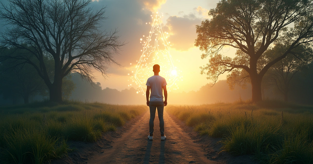 Person reflecting in front of a split landscape representing limiting and healthy beliefs 