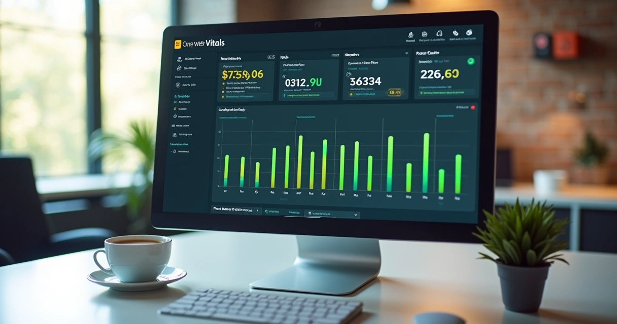 Monitor exibe métricas Core Web Vitals com indicadores em verde e amarelo 