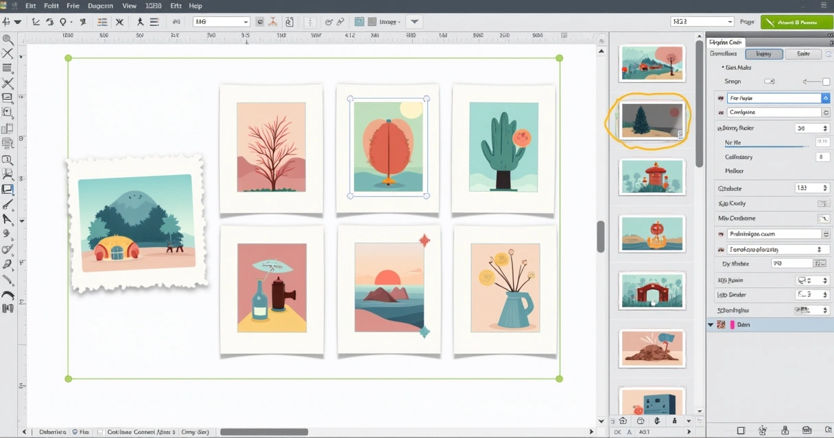 Tela do CorelDRAW com várias imagens em um layout de catálogo