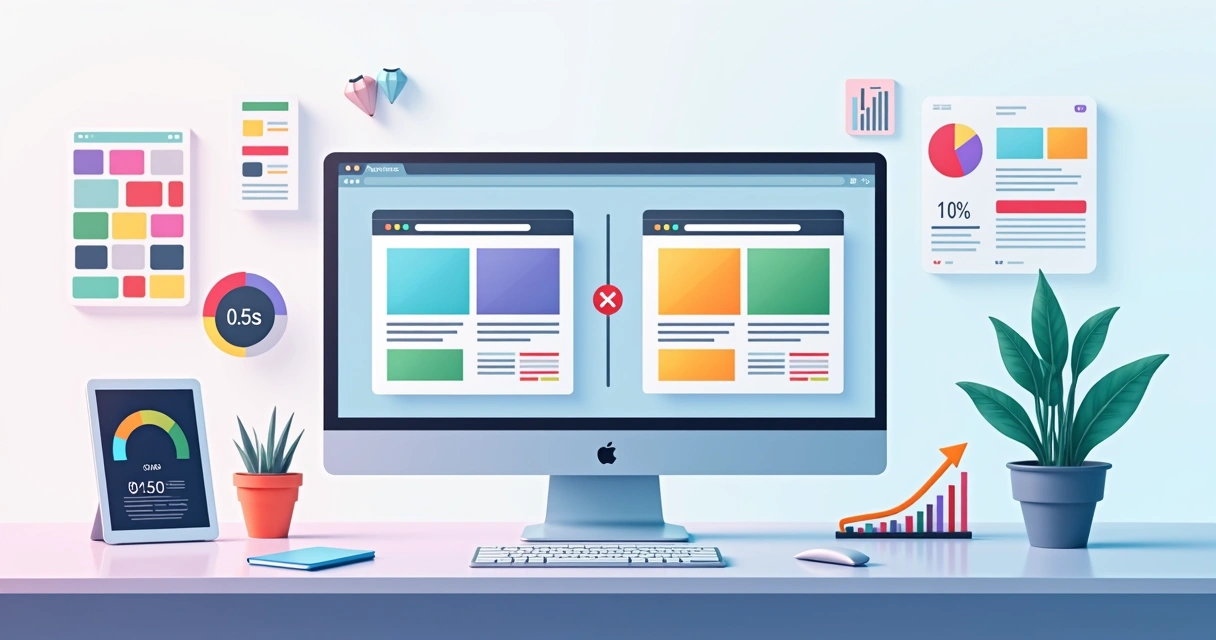 Tela com variação de cores em landing page destacando aumento de conversão 