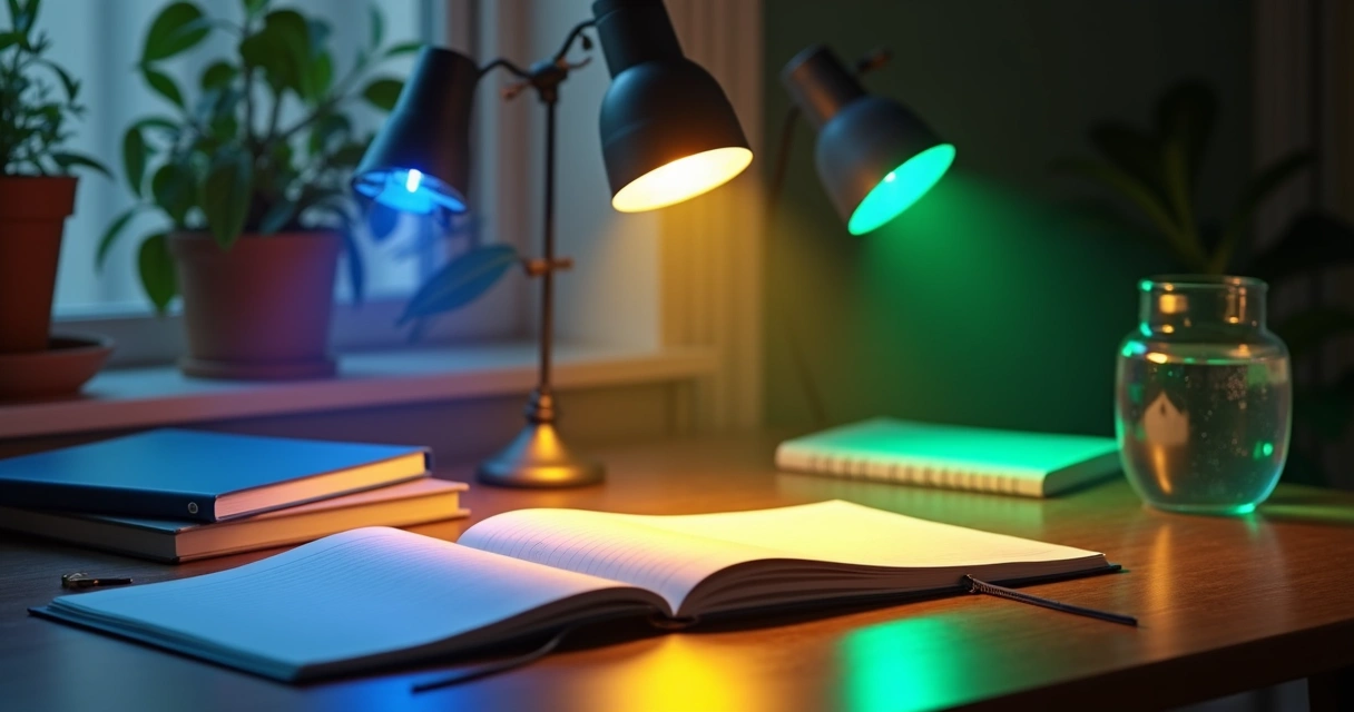 Luz colorida projetada sobre livros e cadernos em mesa de estudos 